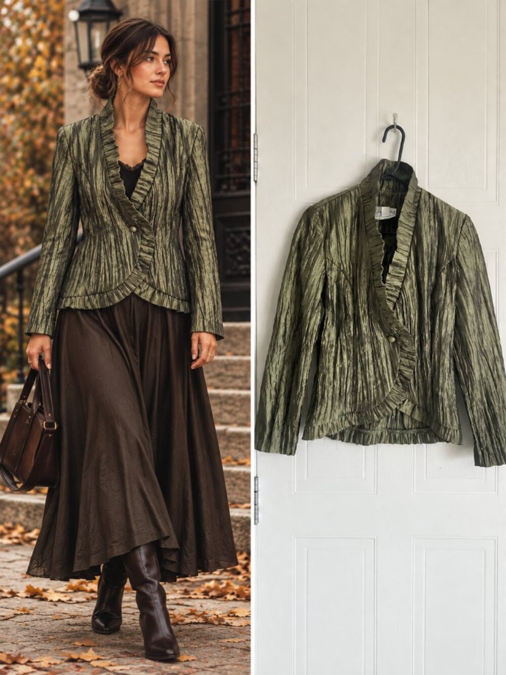 Joseph Ribkoff Olive Green Crinkle Plissé Ruffle Blazer Asymmetric Whimsigoth 6